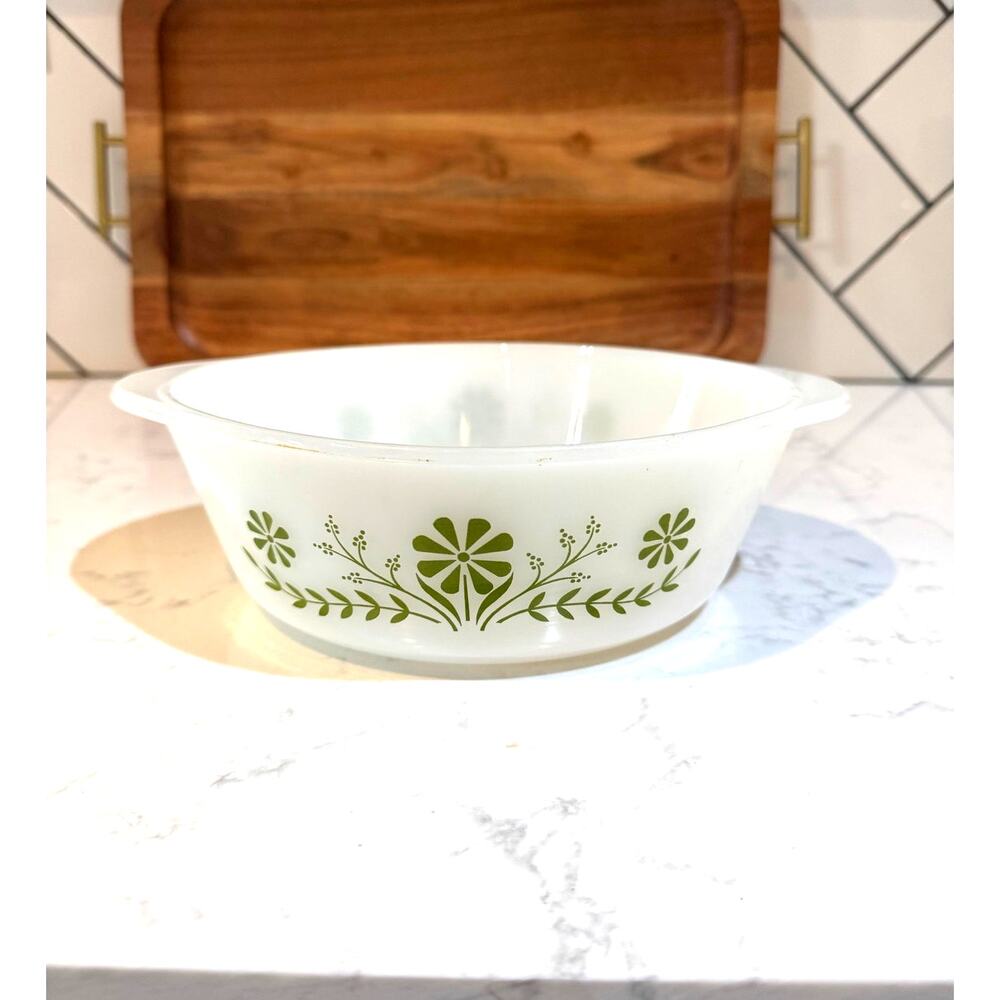 vintage Glasbake casserole dish in the Green Daisy pattern 60s 70s milk glass